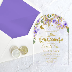 Purple Gold Floral Butterfly Quinceañera Acrylic Invitations