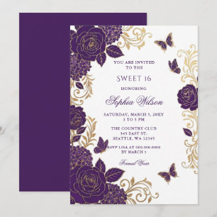 Purple Gold Floral Butterfly Sweet 16 Invitation