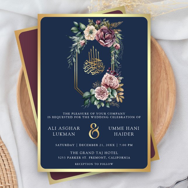 Purple Gold Floral Crest Navy Blue Muslim Wedding Invitation (Creator Uploaded)