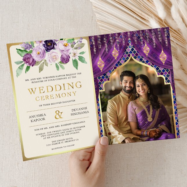 Purple Gold Floral Curtain Indian Hindu Wedding Invitation (Creator Uploaded)