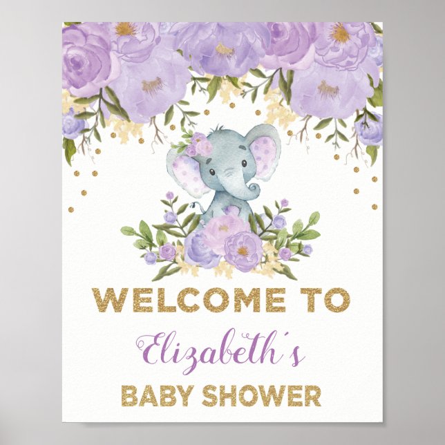 Purple Gold Floral Elephant Baby Shower Welcome Poster (Front)
