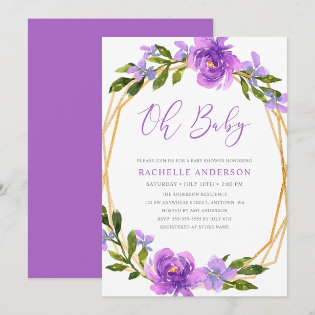 Purple Gold Floral Geometric Girl Baby Shower Invitation (Front/Back)
