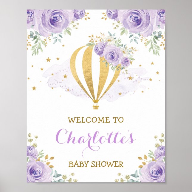 Purple Gold Floral Hot Air Balloon Welcome Baby Poster (Front)