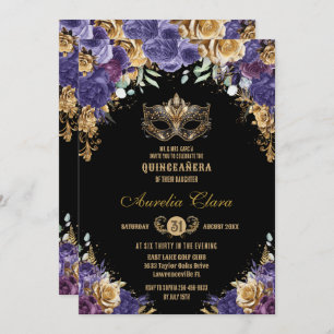 Purple Gold Floral Masquerade Ball Quinceañera Invitation