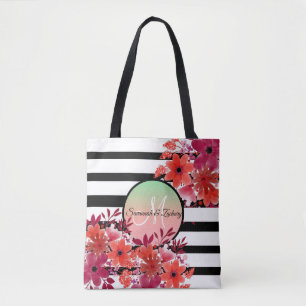 Purple Gold Floral Monogram Black White Stripes   Tote Bag