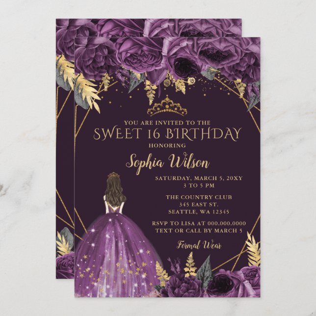 Purple Gold Floral Princess Sweet 16 Invitation (Front/Back)