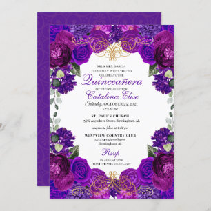 Purple & Gold Floral Quinceanera Birthday Invitation