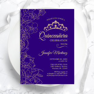 Purple Gold Floral Quinceanera Party Invitation