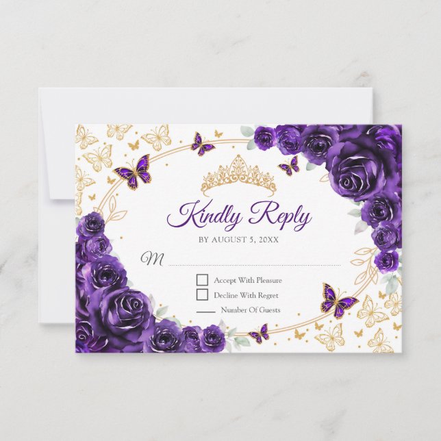 Purple Gold Floral Quinceanera Reply RSVP Card (Front)