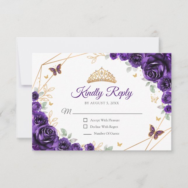 Purple Gold Floral Quinceanera Reply RSVP Card (Front)