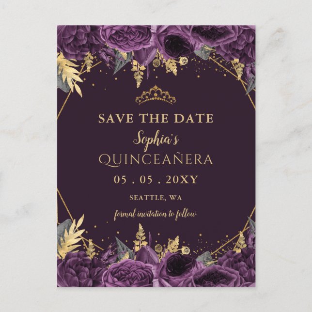 Purple Gold Floral Quinceañera  Save the Date Announcement Postcard (Front)
