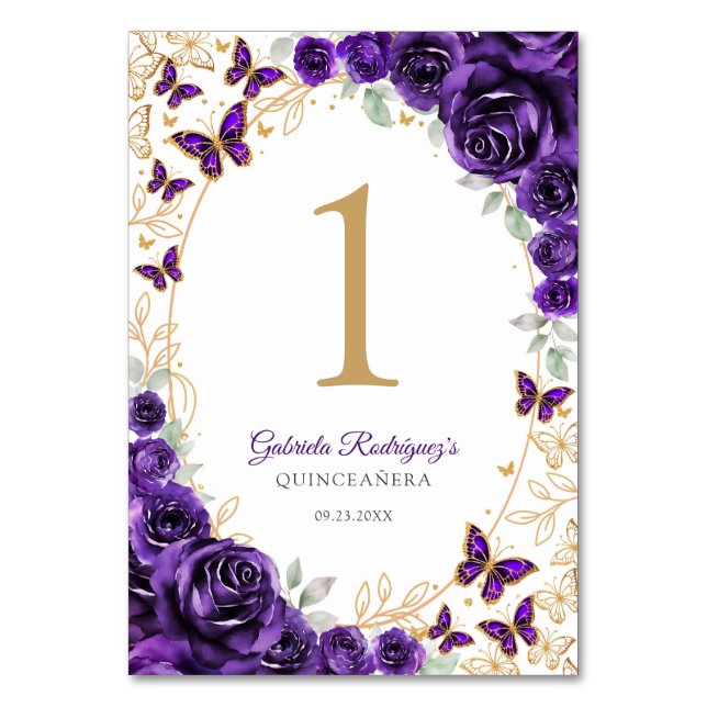 Purple Gold Floral Quinceanera Table Number (Front)