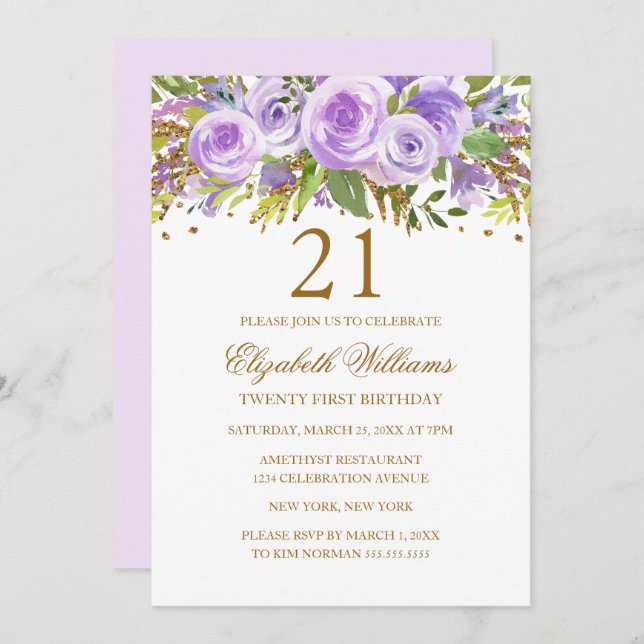 Purple Gold Floral Rose 21st Birthday Invitation (Front/Back)