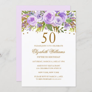 Purple Gold Floral Rose 50th Birthday Invitation