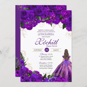 Purple Gold Floral Roses Elegant Quinceanera Invitation