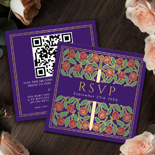 Purple Gold Floral Royal Wedding RSVP QR Code Enclosure Card