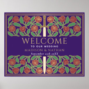 Purple Gold Floral Royal Wedding Welcome Sign