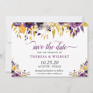 Purple Gold Floral Save The Date Card