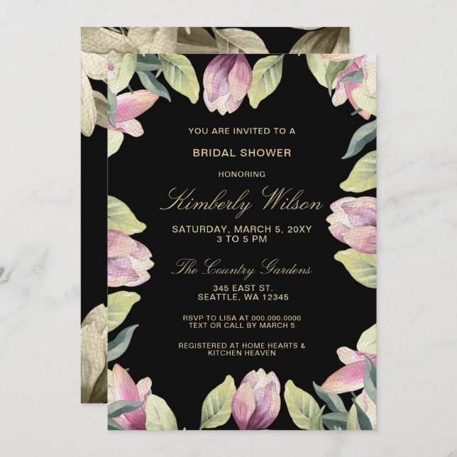 Purple Gold Floral Spring Wedding Bridal Shower Invitation (Front/Back)