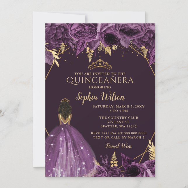 Purple Gold Floral Tan Princess Quinceañera   Invitation (Front)