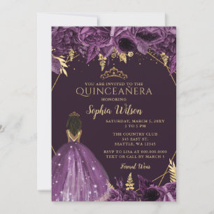 Purple Gold Floral Tan Princess Quinceañera Invitation