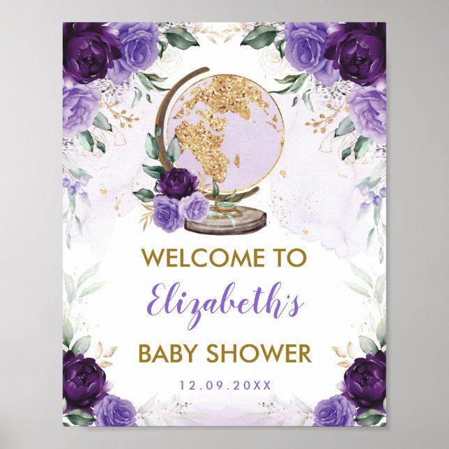 Purple Gold Floral Travel Adventure Baby Shower Poster (Front)