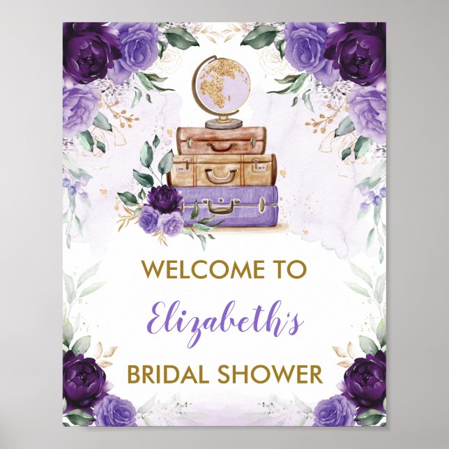 Purple Gold Floral Travel Adventure Bridal Shower Poster (Front)