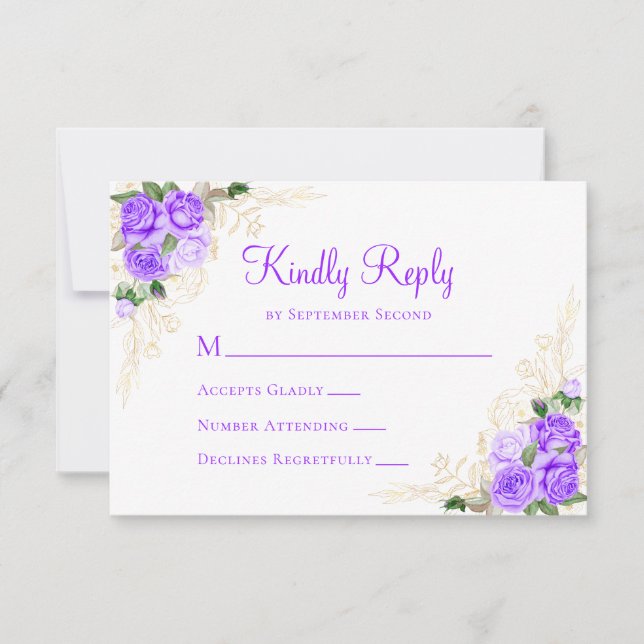 Purple Gold Floral Watercolor Wedding RSVP Card (Front)