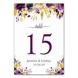 Purple Gold Floral Wedding Table Number