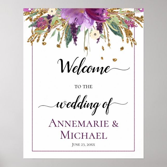 Purple Gold Floral Welcome To The Wedding Of Sign (Front)