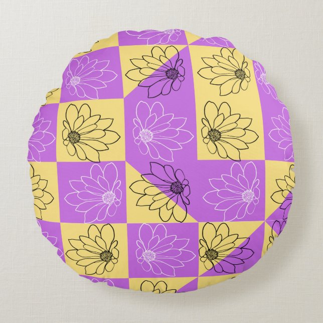 Purple gold Flower seamless Checkerboard pattern Round Cushion (Front)