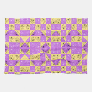 Purple gold Flower seamless Checkerboard pattern Tea Towel