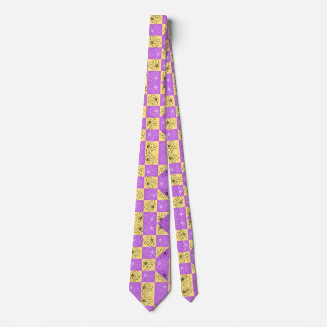 Purple gold Flower seamless Chequerboard pattern Tie (Front)