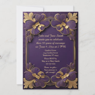 Purple & Gold Flowers Gold Frame 50th Anniversary Invitation