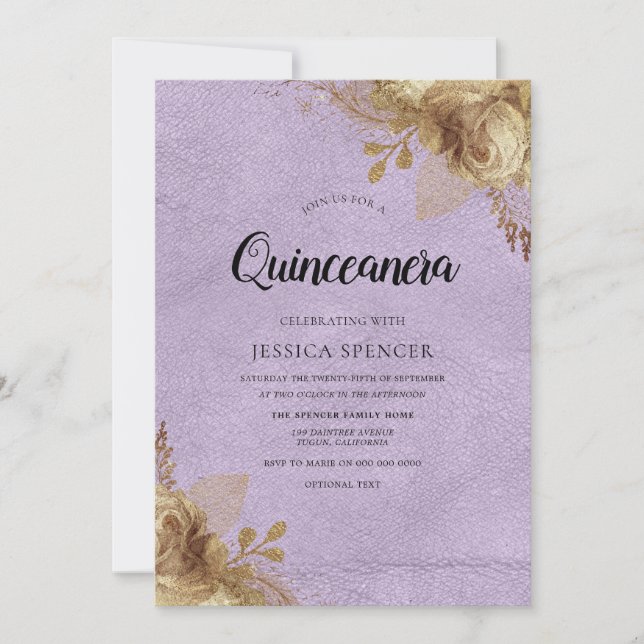 Purple & Gold Flowers Quinceanera Party Invite (Front)