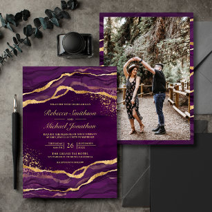 Purple Gold Fluid Ink Photo Wedding Invitation
