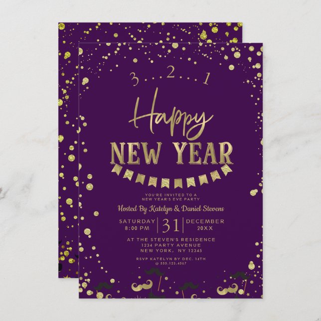 Purple & Gold Foil Confetti New Year's Eve Party Invitation (Front/Back)