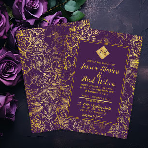 Purple   Gold Foil Look Vintage Floral Wedding Invitation