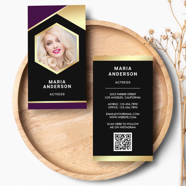 Purple Gold Foil Model Actress QR Code Photo Business Card (Creator Uploaded)