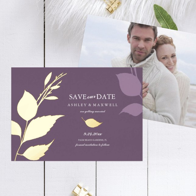 Purple Gold Foil Photo Wedding Save the Date (save the date card wedding stationery purple photo)