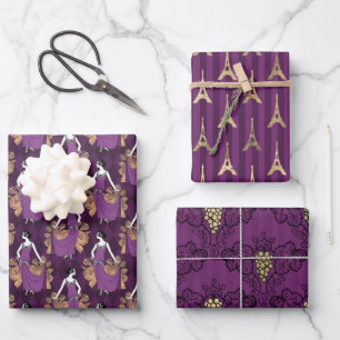 PURPLE & GOLD FRENCH WOMEN, EIFFEL TOWER, GRAPES WRAPPING PAPER SHEET