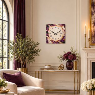 Purple Gold Geode Marble Art Roman Numeral Luxury Square Wall Clock
