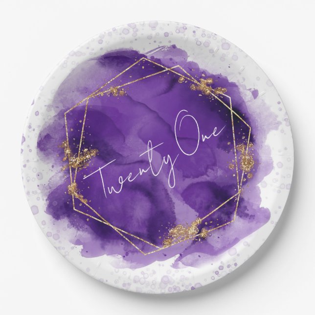 Purple Gold Geometric Chic 21st Birthday Party Paper Plate (Front)
