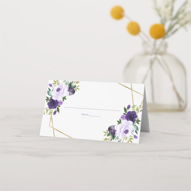 Purple Gold Geometric Watercolor Floral Place Card (Front)