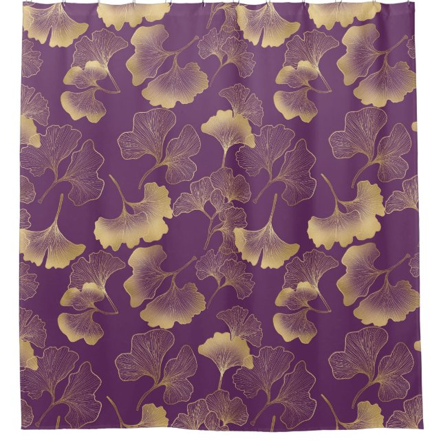 Purple Gold Ginkgo Art Deco Leaf Pattern Shower Curtain (Front)
