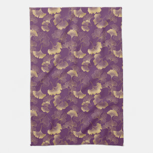 Purple Gold Ginkgo Art Deco Leaf Pattern Tea Towel