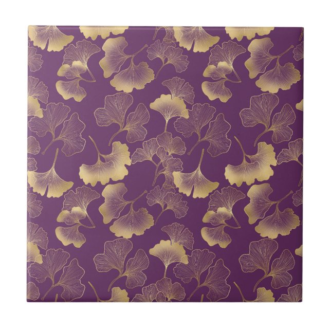 Purple Gold Ginkgo Art Deco Leaf Pattern Tile (Front)