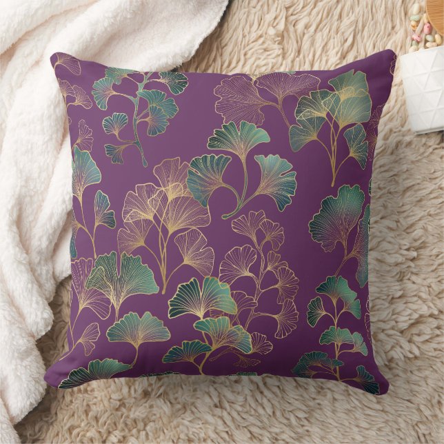 Purple Gold Ginkgo Japanese Botanical Pattern Cushion (Blanket)
