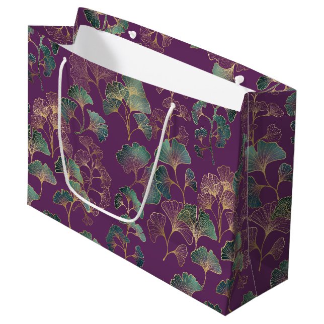 Purple Gold Ginkgo Japanese Botanical Pattern Large Gift Bag (Front Angled)