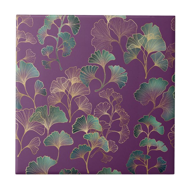 Purple Gold Ginkgo Japanese Botanical Pattern Tile (Front)